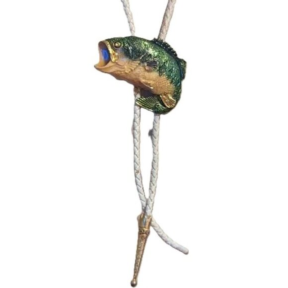 Fish Bolo Tie Vintage Big Mouth Bass Metal Fisherman Angler Unisex Painted - Picture 1 of 6